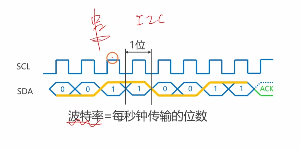 I2C 的位时序：一个 SCL 周期传一位，8 位数据后跟一个 ACK 位；波特率即每秒传输的位数