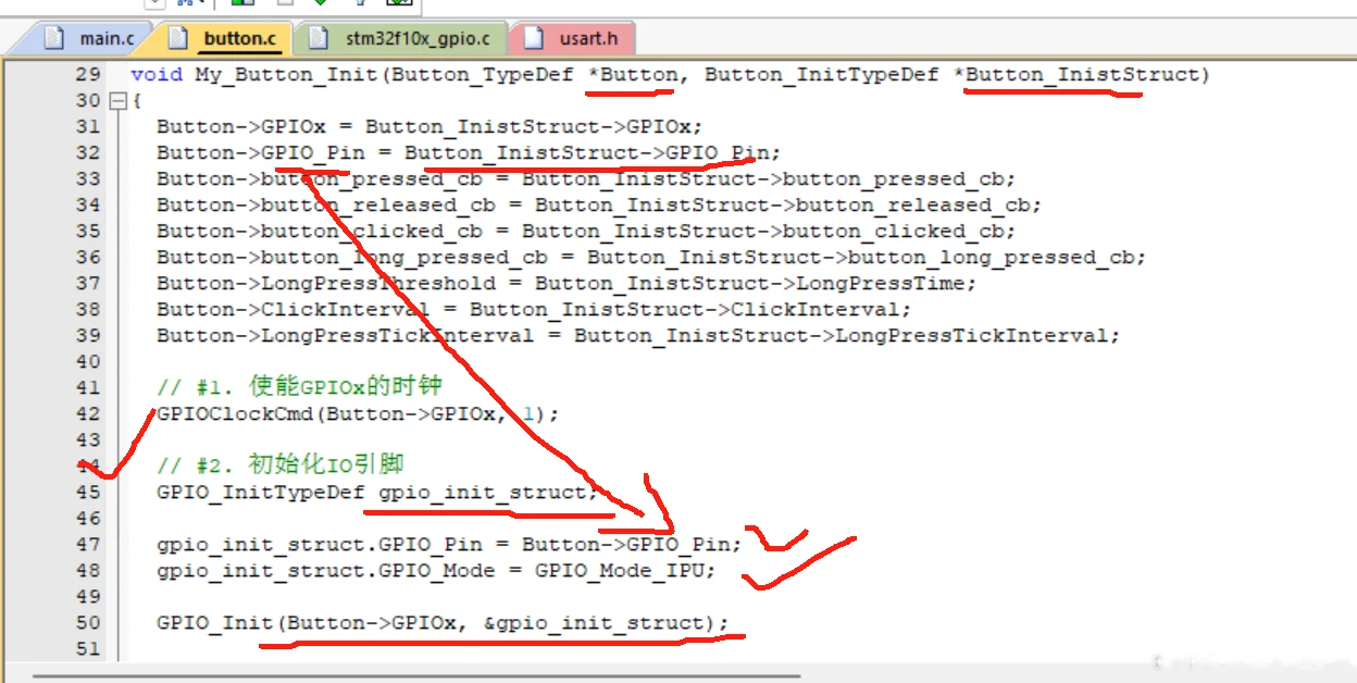 驱动内部源码：自己开了 GPIO 时钟并把引脚配成 GPIO_Mode_IPU，所以调用方只需给端口号和引脚号