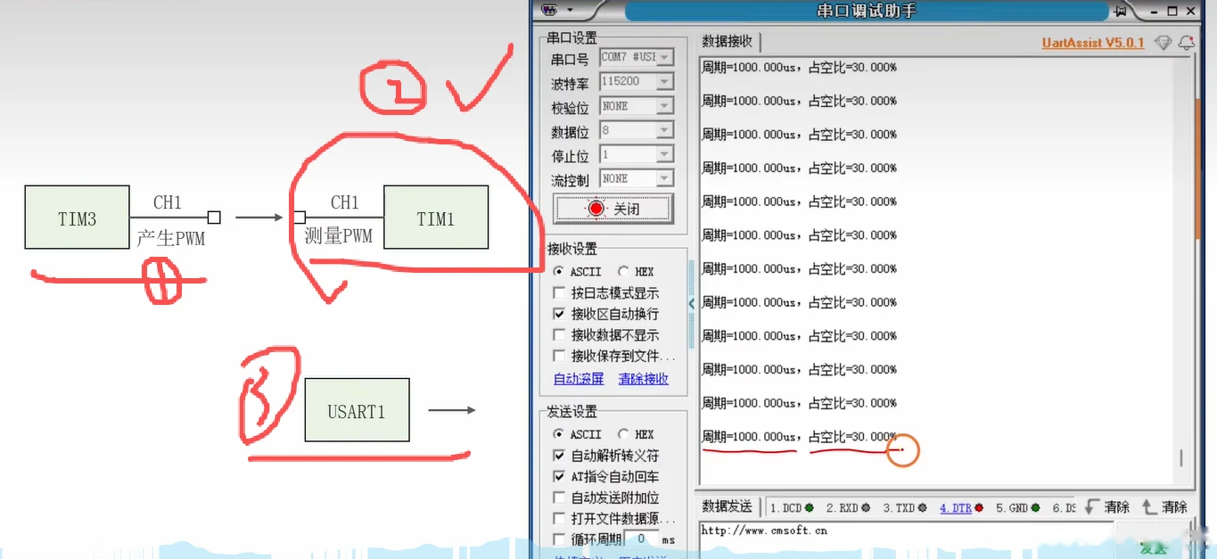 实验思路与现象：左侧 TIM3-CH1 产生 PWM → TIM1-CH1 测量 PWM → USART1 输出（编号 1/2/3）；右侧串口助手（115200/8/None/1）连续打印"周期=1000.000us，占空比=30.000%"