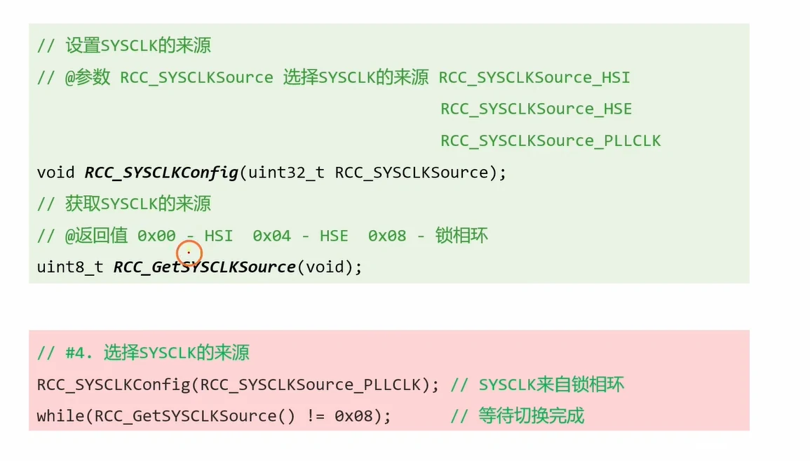 #4 选择 SYSCLK 来源：RCC_SYSCLKSource_HSI/_HSE/_PLLCLK；RCC_GetSYSCLKSource() 返回值 0x00-HSI、0x04-HSE、0x08-锁相环；代码切到 PLLCLK 后 while(RCC_GetSYSCLKSource() != 0x08) 等待切换完成