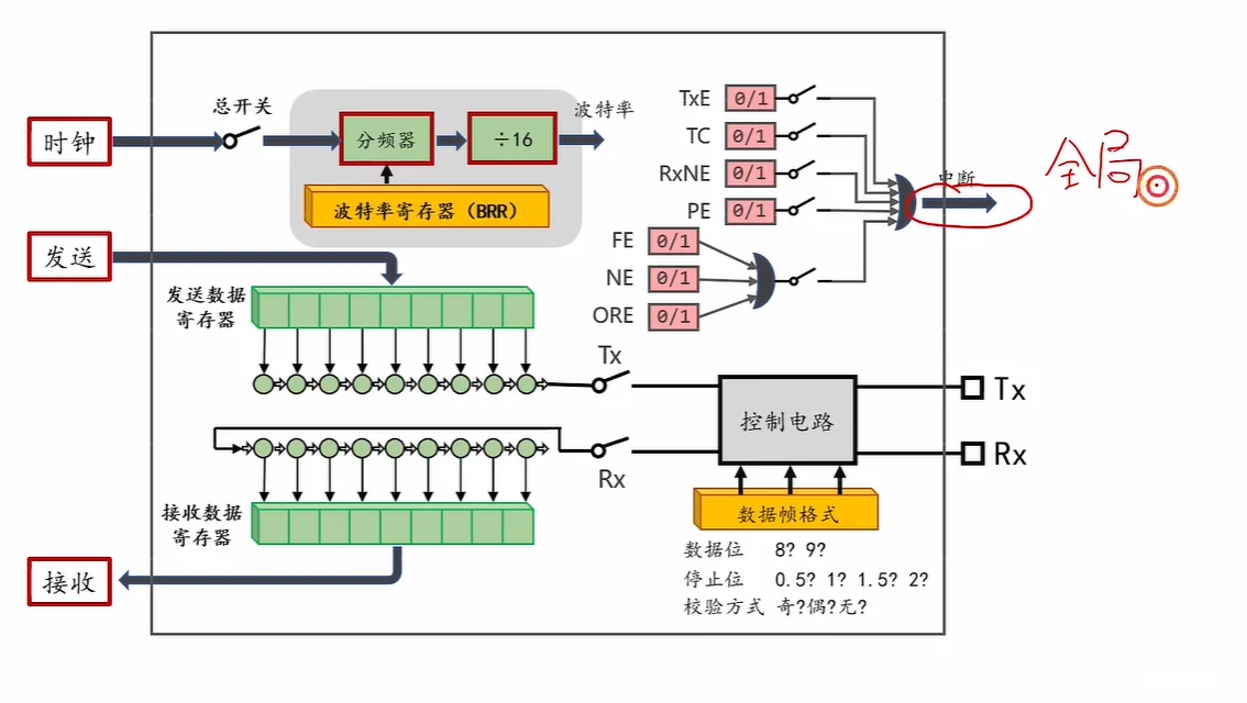 USART 的中断结构：每个标志位配一个使能开关，经或门汇总成一根"中断"输出线，即整个 USART 外设共用的中断请求线