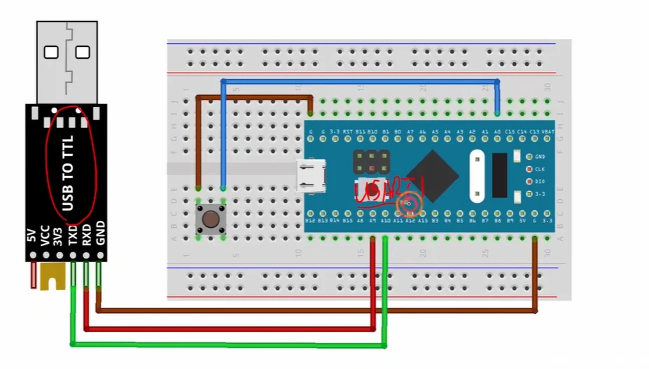 串口调试链路：USB-TTL 的 TXD 接单片机 RX、RXD 接单片机 TX、必须共地，按钮另接一个 GPIO