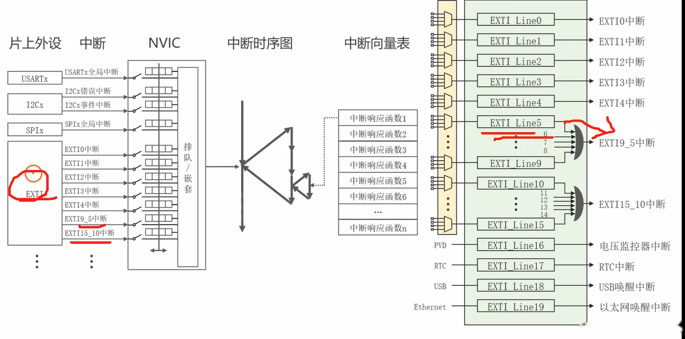 EXTI→NVIC→中断向量表全链路：线5~9 共享 EXTI9_5 中断向量