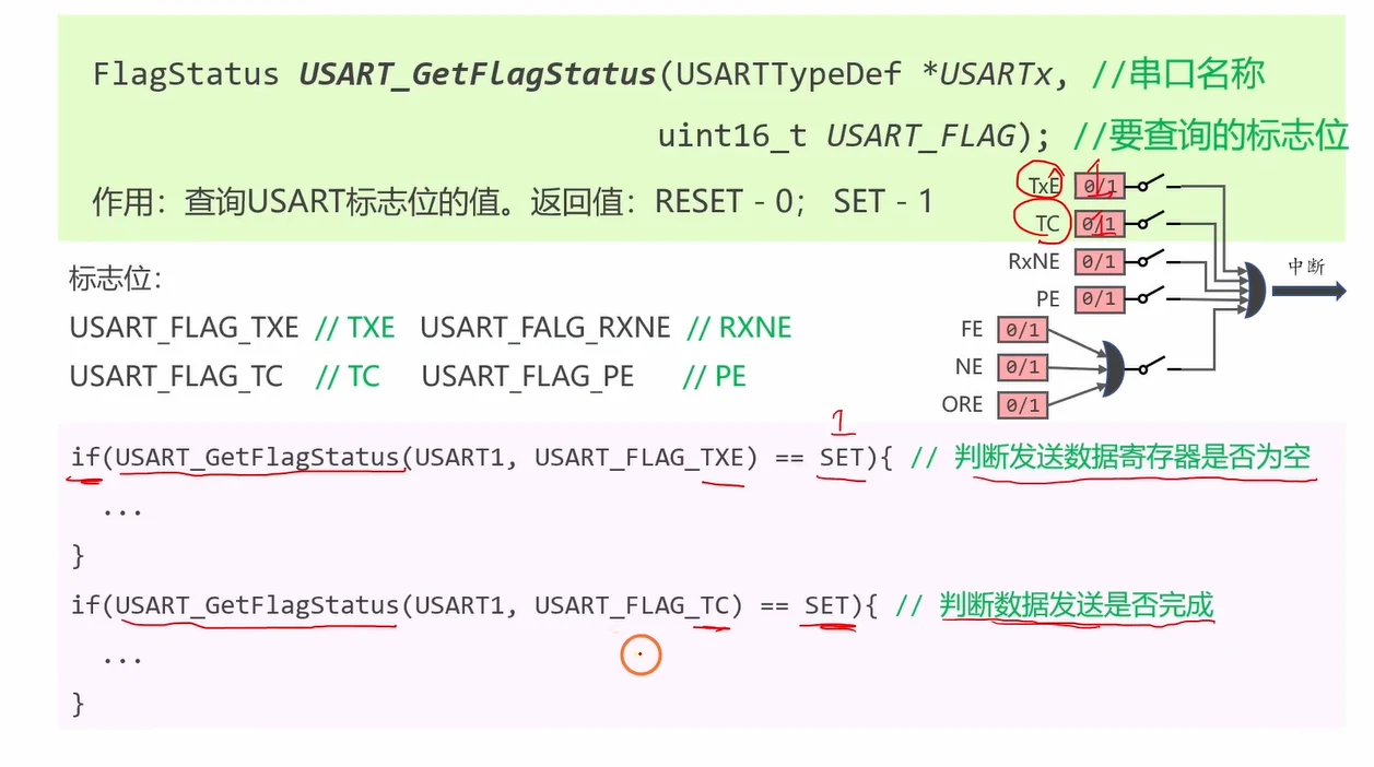 USART_GetFlagStatus 接口：查询标志位返回 SET(1)/RESET(0)，右侧红圈指向 TXE、TC 两个标志