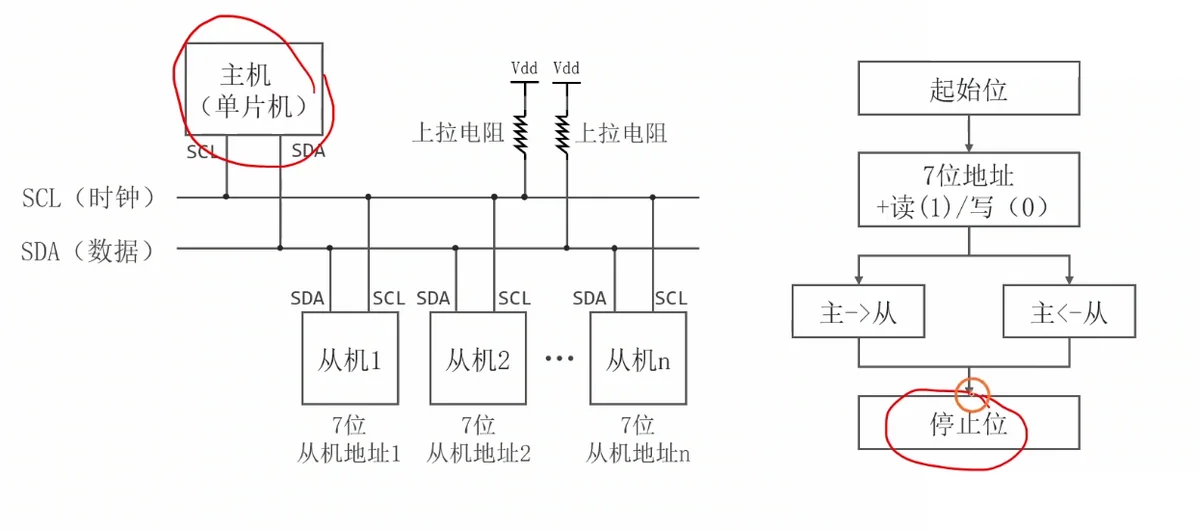 整帧流程：起始 → 7 位地址 + 读/写 → 主→从或主←从 → 停止